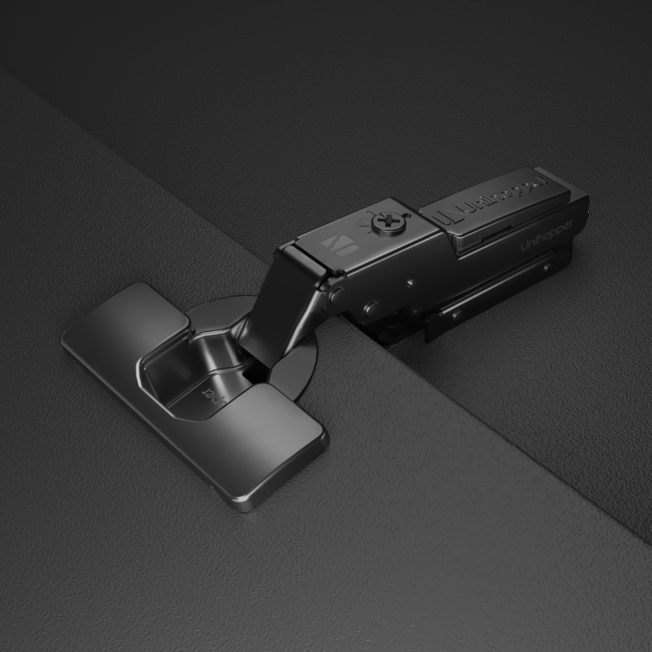 фото Полунакладная петля UNIHOPPER HUTTON с регулируемым доводчиком, с линейной планкой, 45мм, черный никель