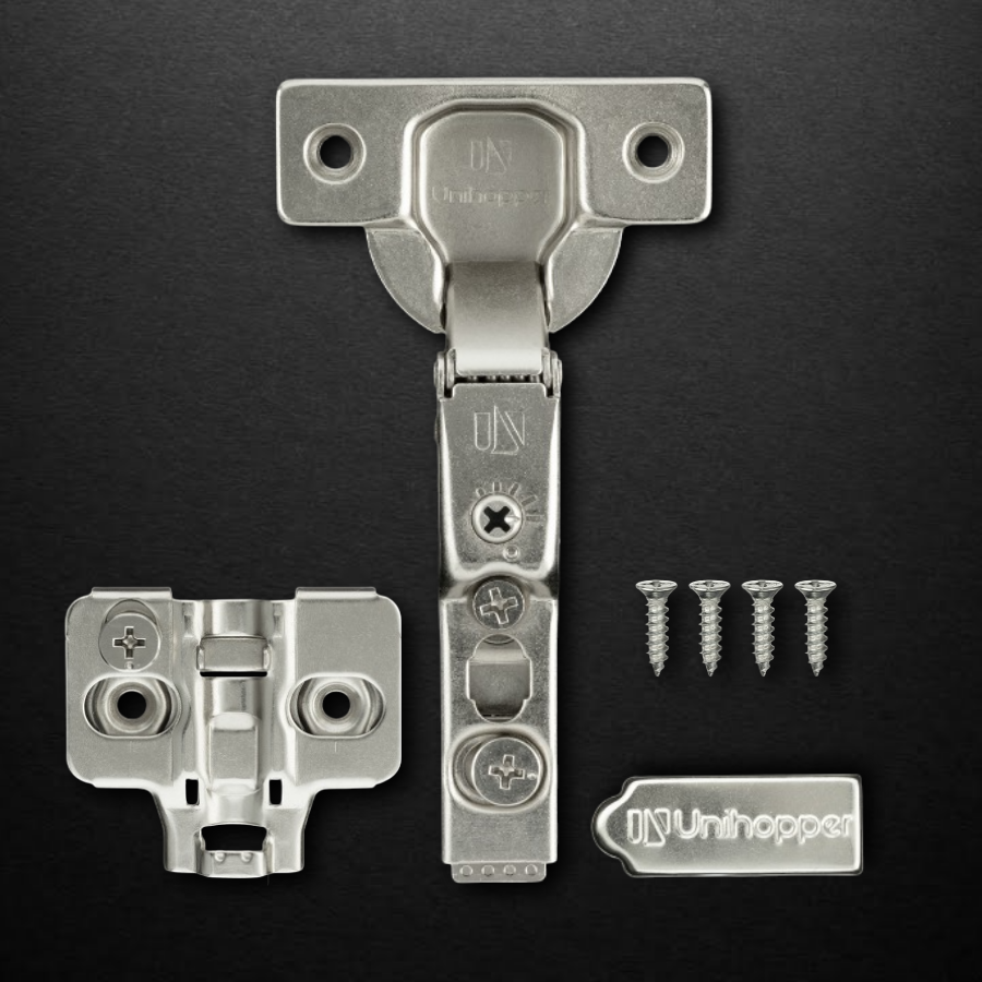 фото Полунакладная 3D петля UNIHOPPER HUTTON с регулируемым доводчиком, 45мм,  планка H2, с декоративной накладкой, никель