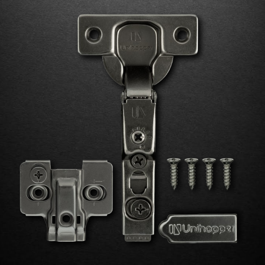 фото Полунакладная 3D петля UNIHOPPER HUTTON с регулируемым доводчиком, 45мм, с декоративной накладкой, черный никель