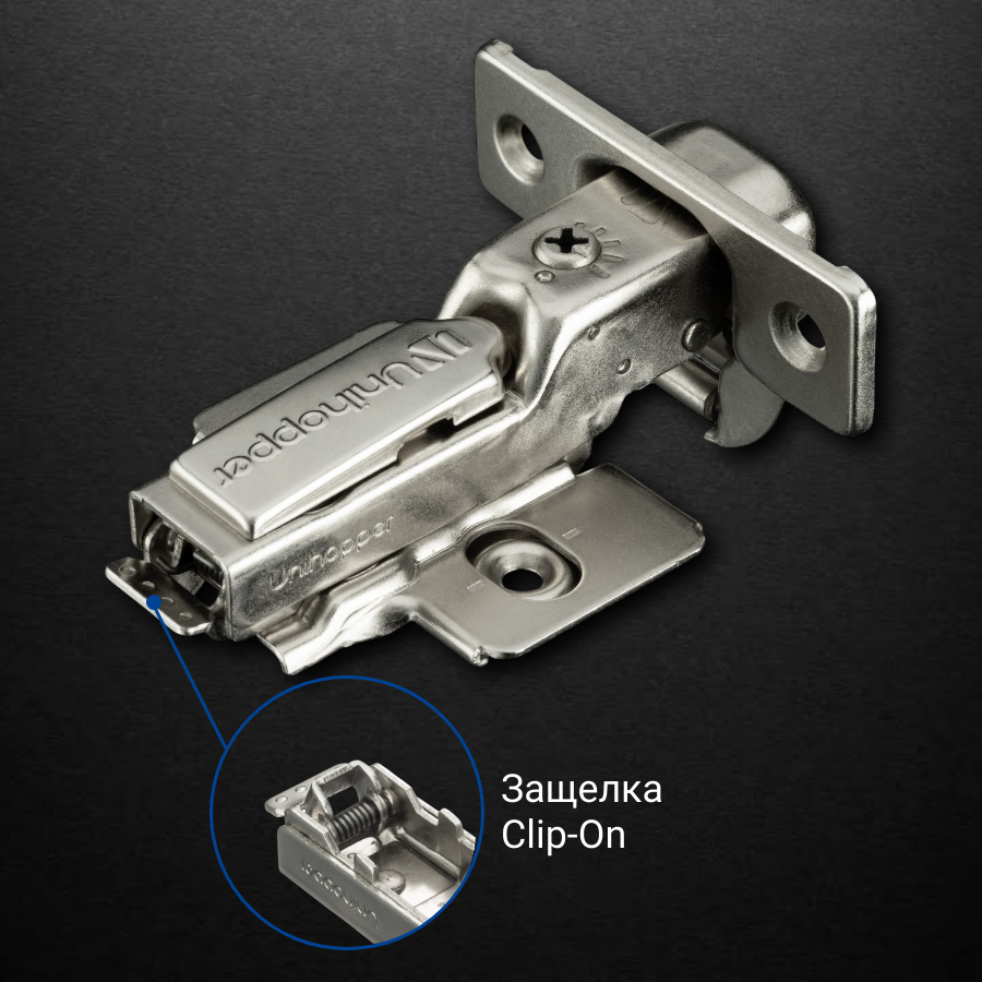 фото Полунакладная 3D петля UNIHOPPER HUTTON с регулируемым доводчиком, 45мм, с декоративной накладкой, никель