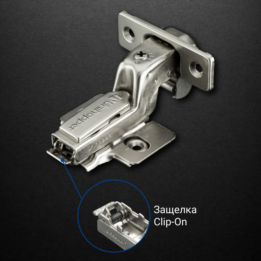 фото Вкладная 3D петля UNIHOPPER HUTTON с регулируемым доводчиком, 45мм, планка H2, с декоративной накладкой, никель