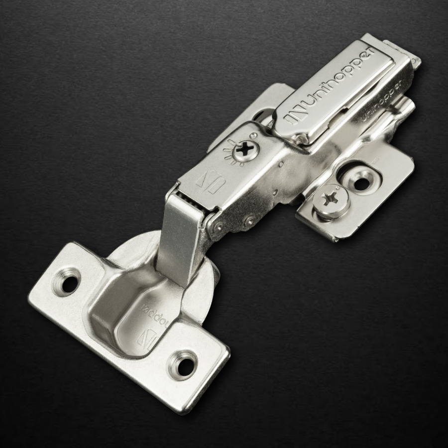 фото Полунакладная 3D петля UNIHOPPER HUTTON с регулируемым доводчиком, 45мм,  планка H2, с декоративной накладкой, никель