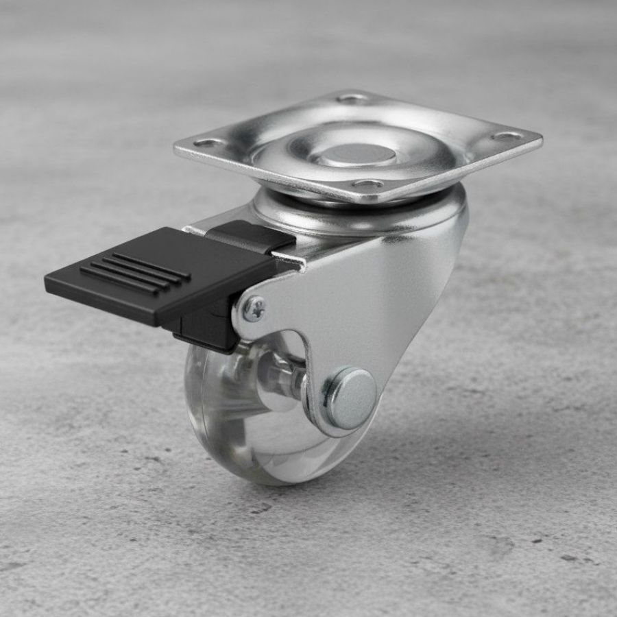 фото Колесная опора с прозрачным роликом и поворотной площадкой d 35 мм с тормозом